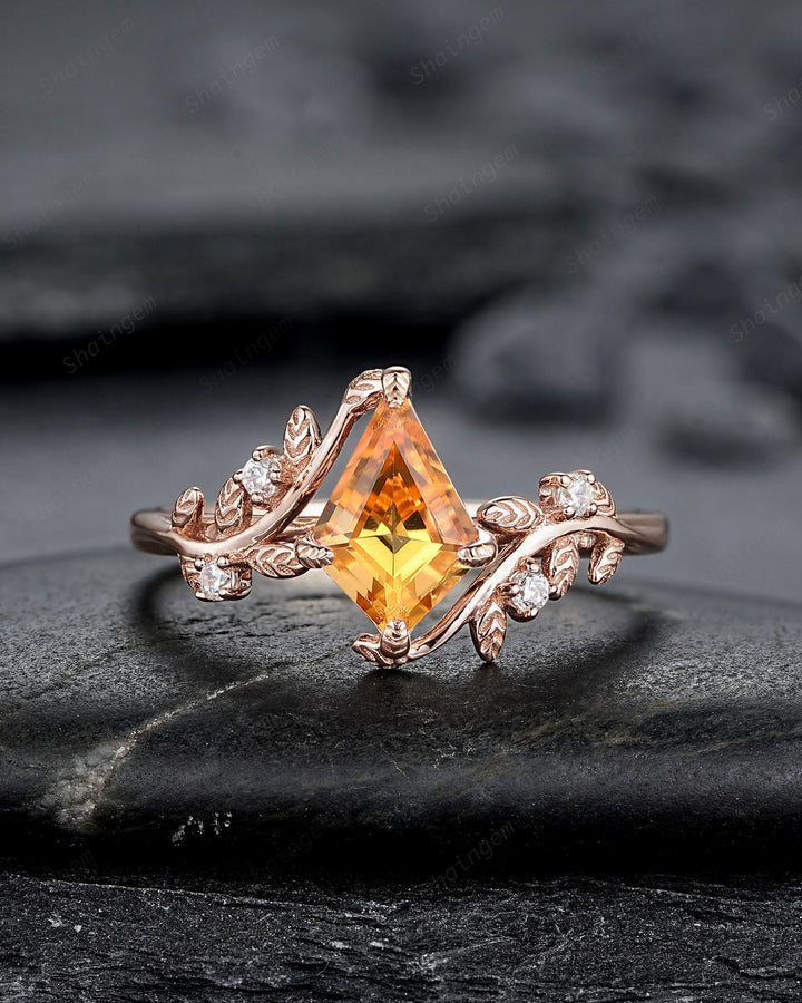 Vintage Kite Cut Natural Citrine Leaf Engagement Ring, Rose Gold Twig Branch Wedding Set Nature Inspired Yellow Stone Promise Ring for Women - ShainJewelry