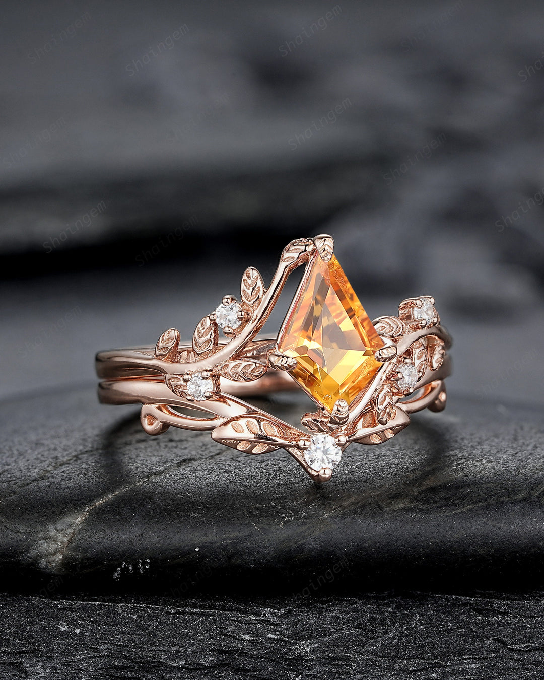 Vintage Kite Cut Natural Citrine Leaf Engagement Ring, Rose Gold Twig Branch Wedding Set Nature Inspired Yellow Stone Promise Ring for Women - ShainJewelry