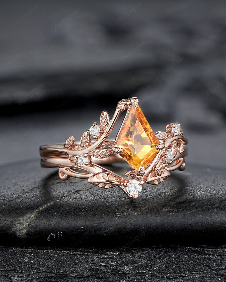 Vintage Kite Cut Natural Citrine Leaf Engagement Ring, Rose Gold Twig Branch Wedding Set Nature Inspired Yellow Stone Promise Ring for Women - ShainJewelry
