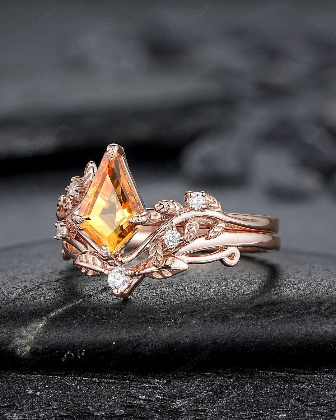 Vintage Kite Cut Natural Citrine Leaf Engagement Ring, Rose Gold Twig Branch Wedding Set Nature Inspired Yellow Stone Promise Ring for Women - ShainJewelry