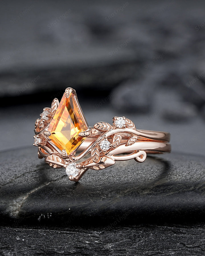 Vintage Kite Cut Natural Citrine Leaf Engagement Ring, Rose Gold Twig Branch Wedding Set Nature Inspired Yellow Stone Promise Ring for Women - ShainJewelry
