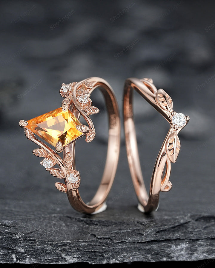 Vintage Kite Cut Natural Citrine Leaf Engagement Ring, Rose Gold Twig Branch Wedding Set Nature Inspired Yellow Stone Promise Ring for Women - ShainJewelry