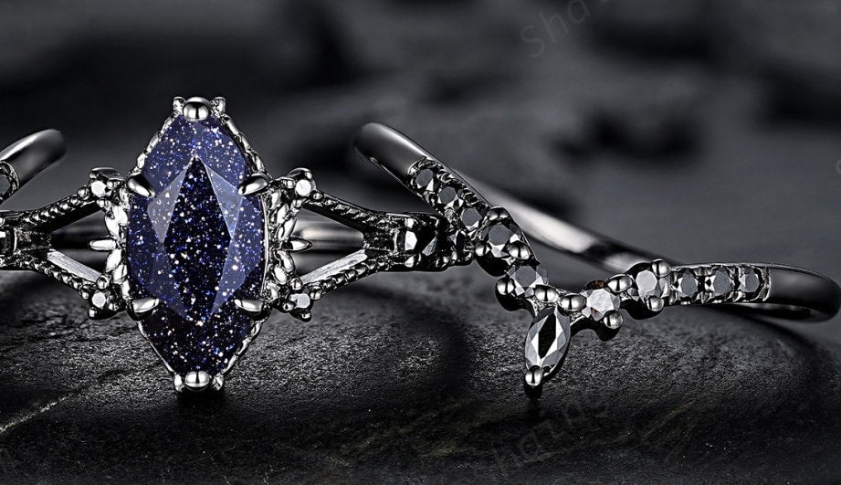 3PCS Black Gold Marquise Cut Blue Sandstone Engagement Ring, Gothic Punk Bridal Set, Black Rhodium Wedding Set, Black Promise Ring for Women - ShainJewelry