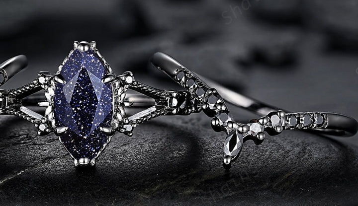 3PCS Black Gold Marquise Cut Blue Sandstone Engagement Ring, Gothic Punk Bridal Set, Black Rhodium Wedding Set, Black Promise Ring for Women - ShainJewelry