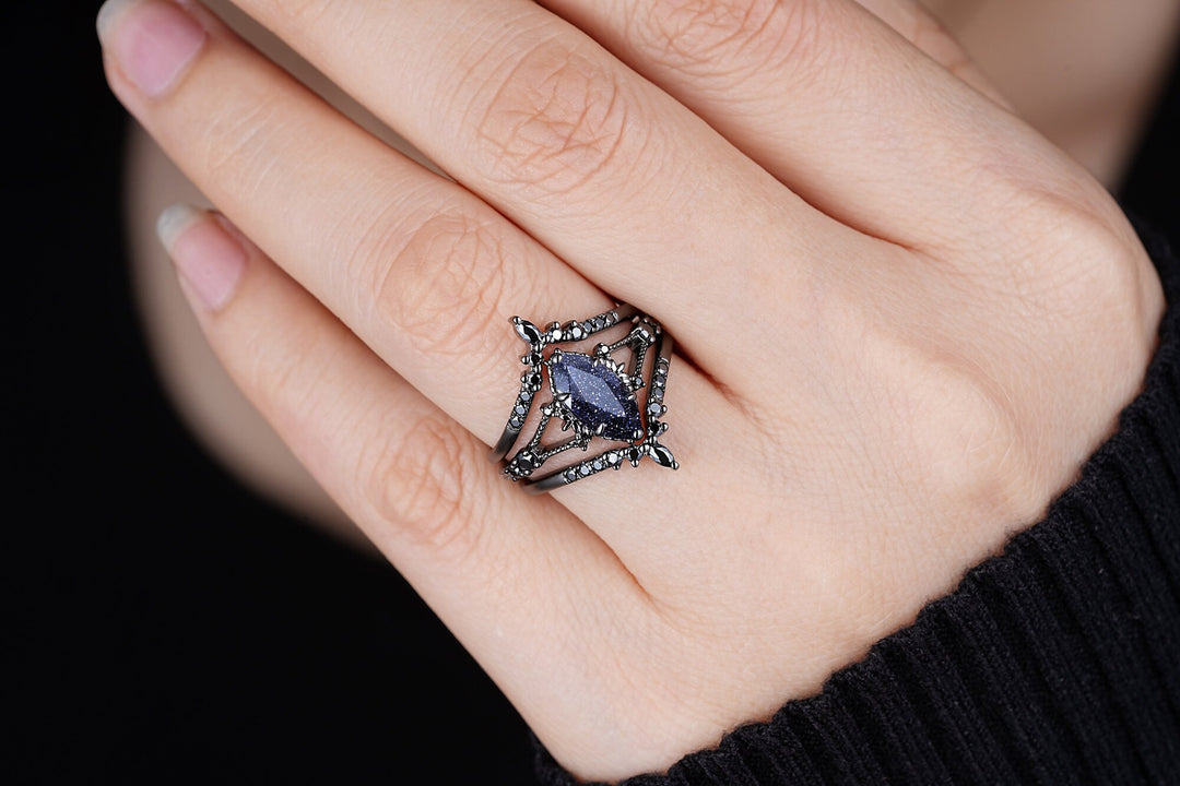 3PCS Black Gold Marquise Cut Blue Sandstone Engagement Ring, Gothic Punk Bridal Set, Black Rhodium Wedding Set, Black Promise Ring for Women - ShainJewelry