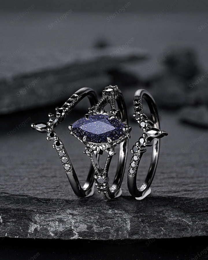 3PCS Black Gold Marquise Cut Blue Sandstone Engagement Ring, Gothic Punk Bridal Set, Black Rhodium Wedding Set, Black Promise Ring for Women - ShainJewelry