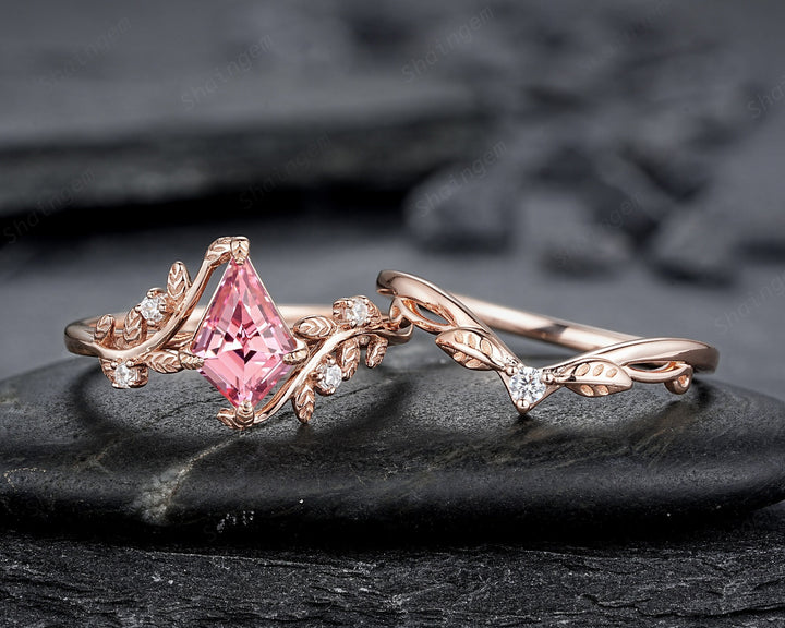 Vintage Kite Cut Padparadscha Pink Sapphire Leaf Engagement Ring, Rose Gold Twig Branch Wedding Set, Nature Inspired Promise Ring for Women - ShainJewelry
