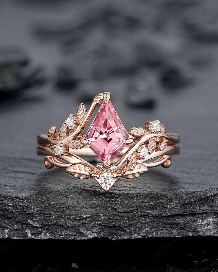 Vintage Kite Cut Padparadscha Pink Sapphire Leaf Engagement Ring, Rose Gold Twig Branch Wedding Set, Nature Inspired Promise Ring for Women - ShainJewelry
