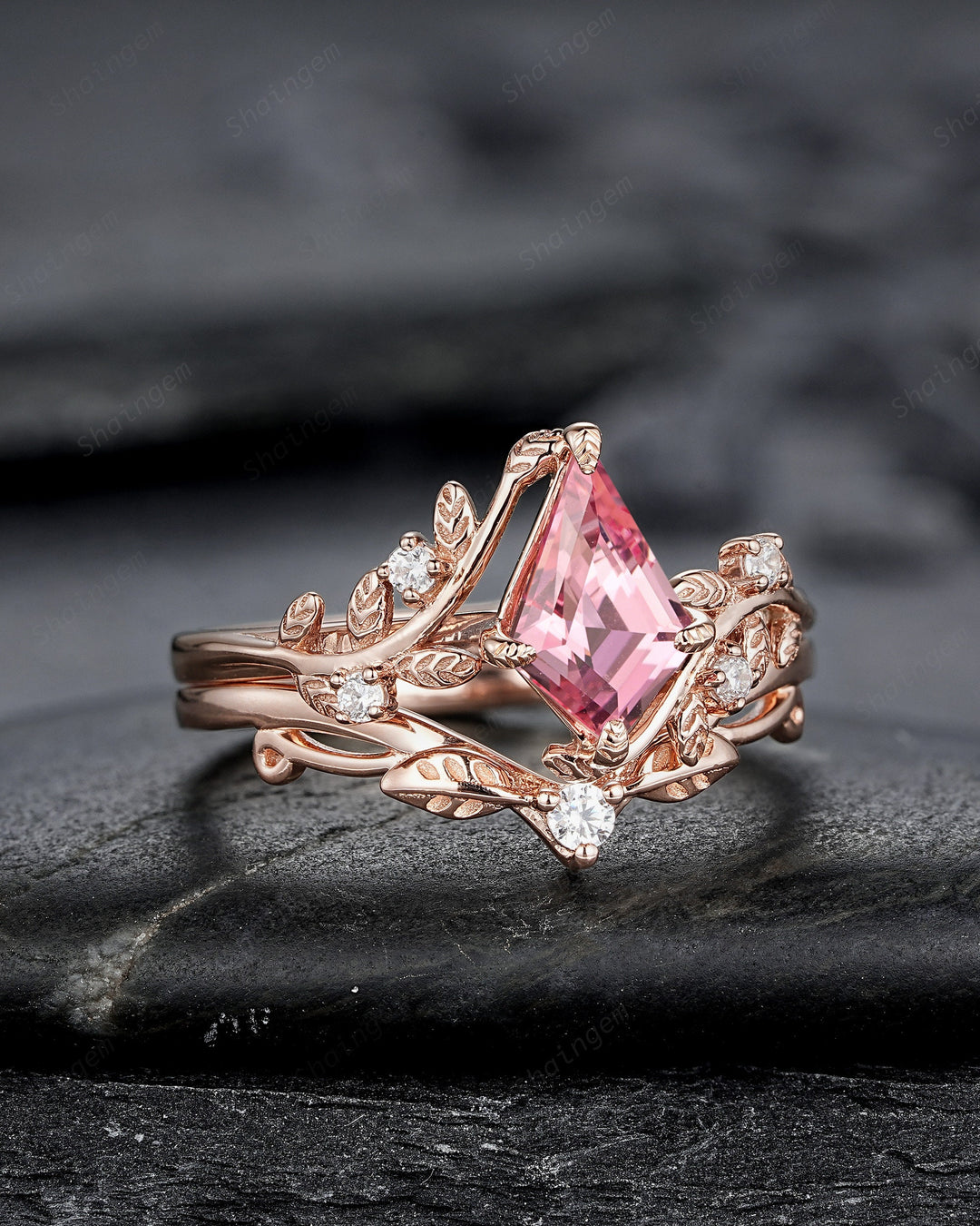 Vintage Kite Cut Padparadscha Pink Sapphire Leaf Engagement Ring, Rose Gold Twig Branch Wedding Set, Nature Inspired Promise Ring for Women - ShainJewelry
