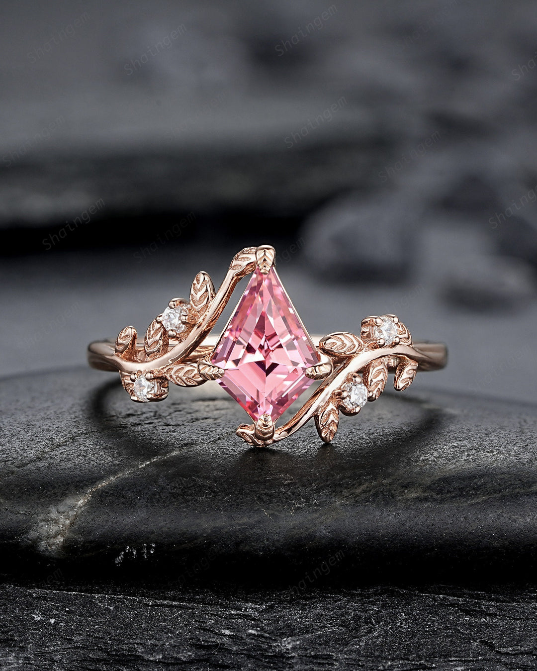 Vintage Kite Cut Padparadscha Pink Sapphire Leaf Engagement Ring, Rose Gold Twig Branch Wedding Set, Nature Inspired Promise Ring for Women - ShainJewelry