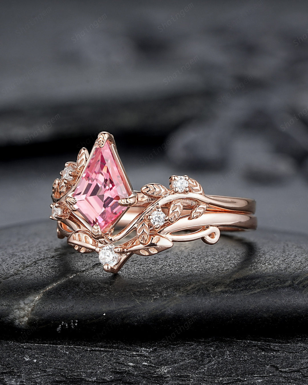Vintage Kite Cut Padparadscha Pink Sapphire Leaf Engagement Ring, Rose Gold Twig Branch Wedding Set, Nature Inspired Promise Ring for Women - ShainJewelry