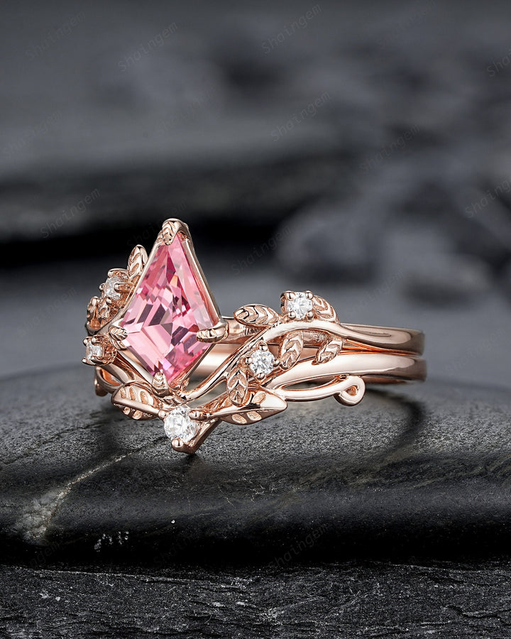 Vintage Kite Cut Padparadscha Pink Sapphire Leaf Engagement Ring, Rose Gold Twig Branch Wedding Set, Nature Inspired Promise Ring for Women - ShainJewelry