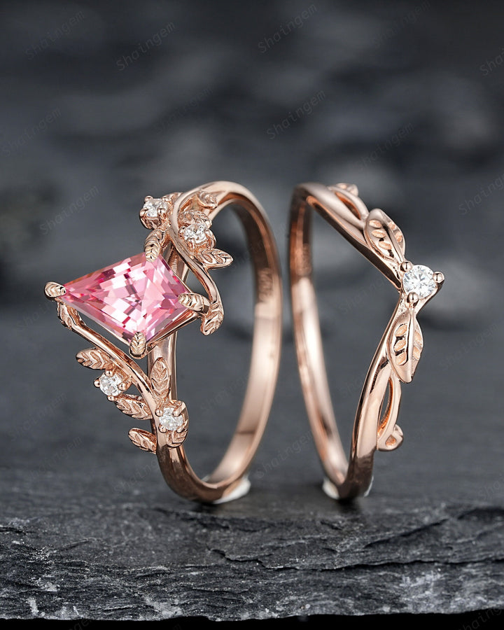 Vintage Kite Cut Padparadscha Pink Sapphire Leaf Engagement Ring, Rose Gold Twig Branch Wedding Set, Nature Inspired Promise Ring for Women - ShainJewelry