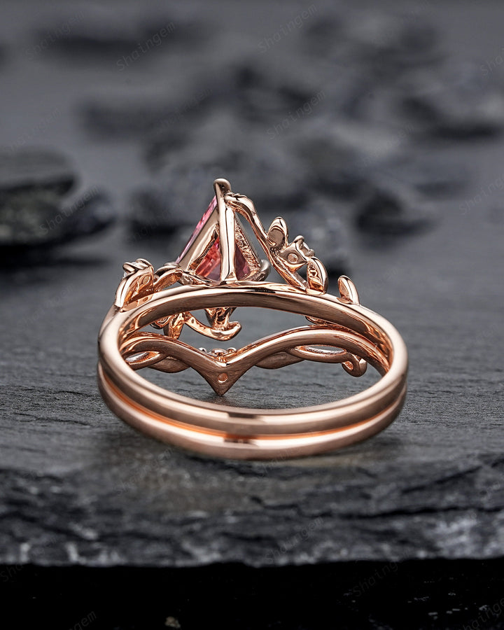 Vintage Kite Cut Padparadscha Pink Sapphire Leaf Engagement Ring, Rose Gold Twig Branch Wedding Set, Nature Inspired Promise Ring for Women - ShainJewelry