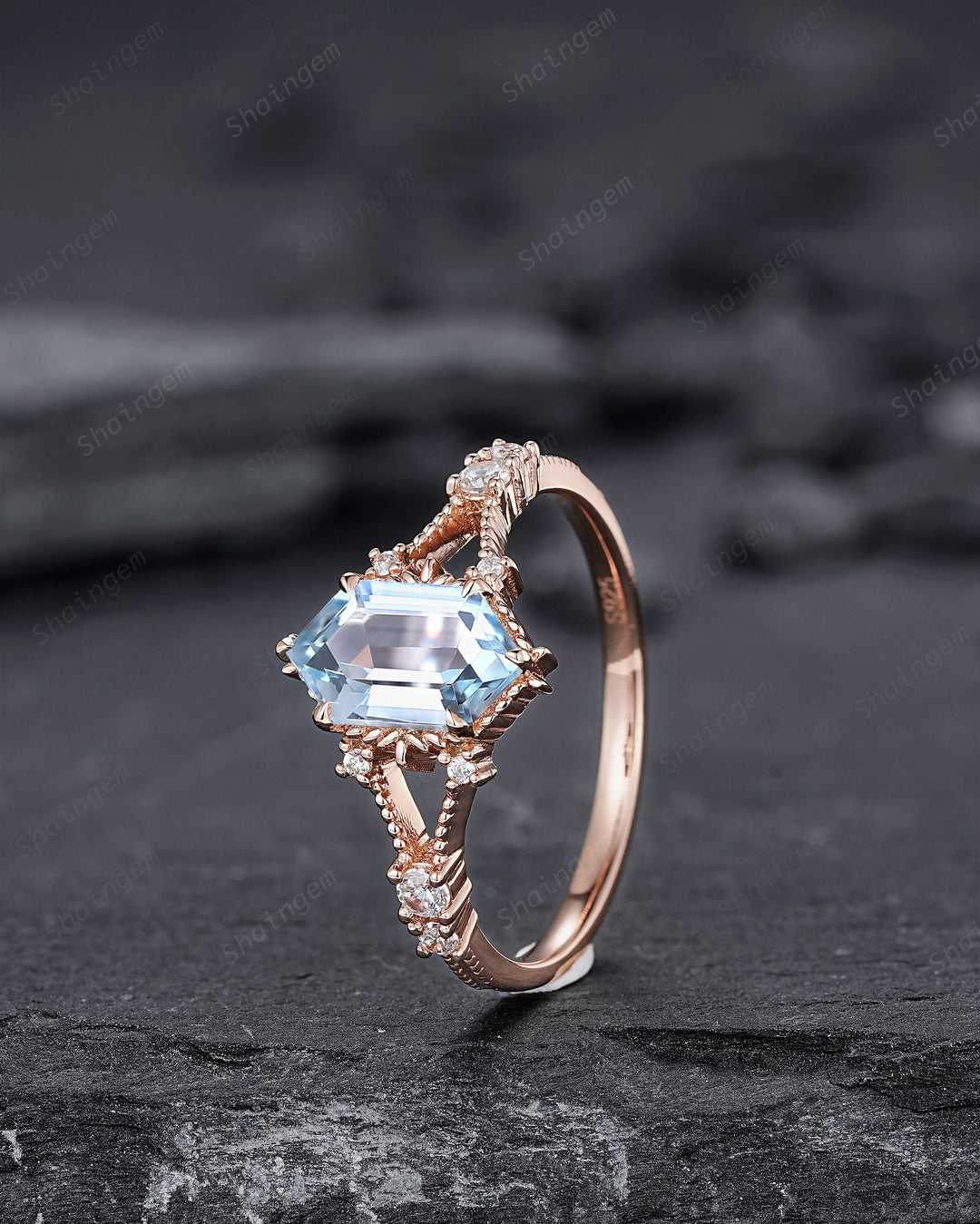 Long Hexagon Natural Aquamarine Engagement Ring, Unique Split Shank Milgrain Wedding Ring, Rose Gold Anniversary Gift Promise Ring for Women - ShainJewelry