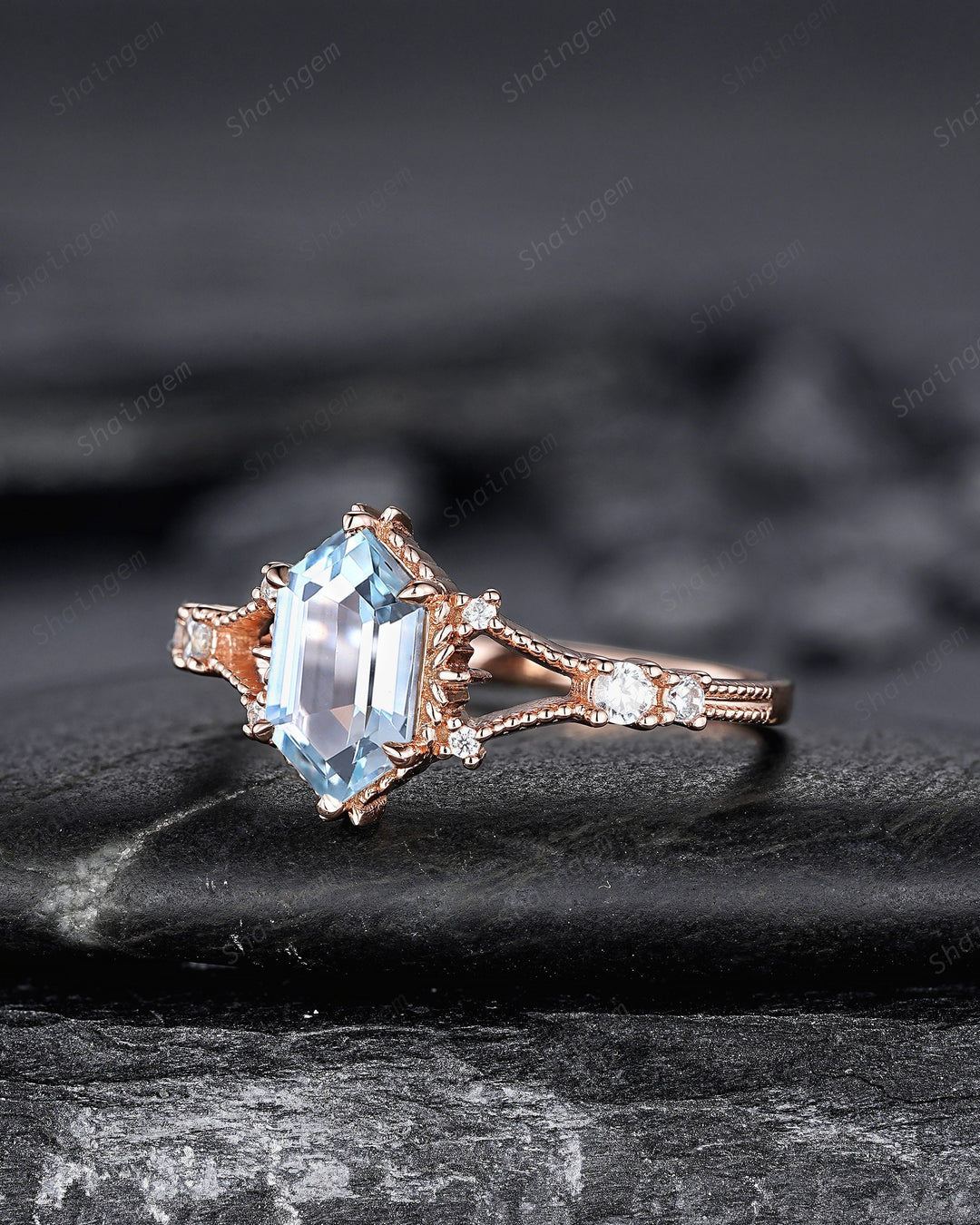 Long Hexagon Natural Aquamarine Engagement Ring, Unique Split Shank Milgrain Wedding Ring, Rose Gold Anniversary Gift Promise Ring for Women - ShainJewelry