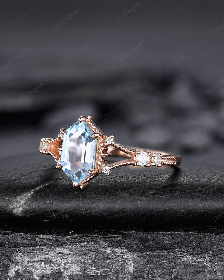 Long Hexagon Natural Aquamarine Engagement Ring, Unique Split Shank Milgrain Wedding Ring, Rose Gold Anniversary Gift Promise Ring for Women - ShainJewelry