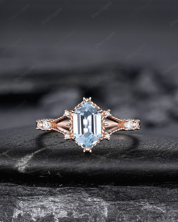 Long Hexagon Natural Aquamarine Engagement Ring, Unique Split Shank Milgrain Wedding Ring, Rose Gold Anniversary Gift Promise Ring for Women - ShainJewelry