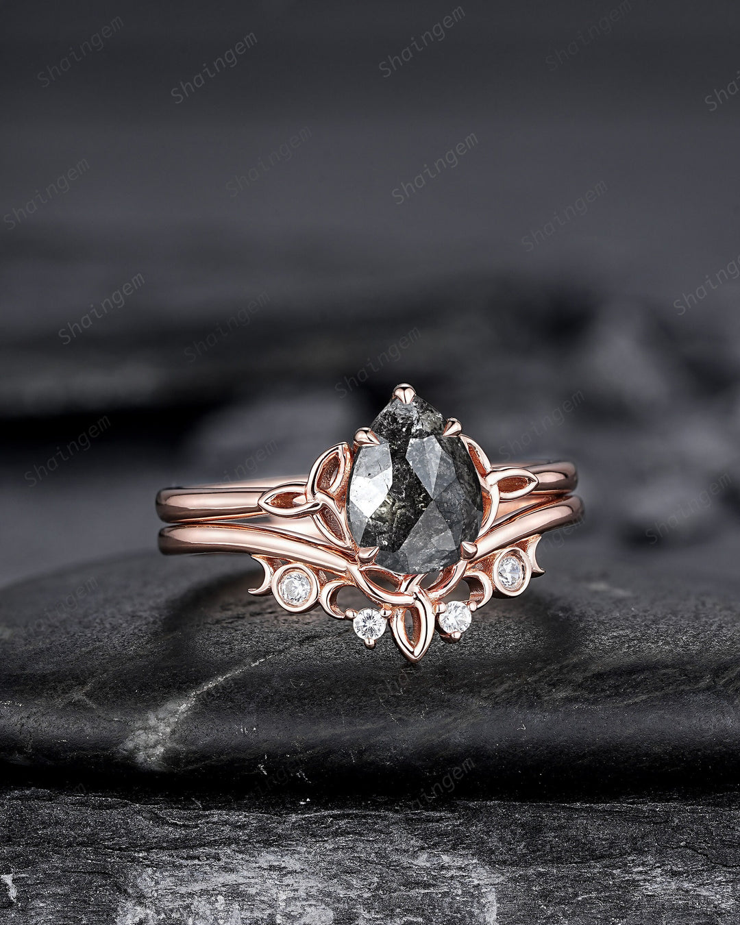 Celtic Knot Salt and Pepper Diamond Engagement Ring, Unique Rose Gold Natural Black Diamond Promise Ring, Platinum Wedding Ring for Women - ShainJewelry
