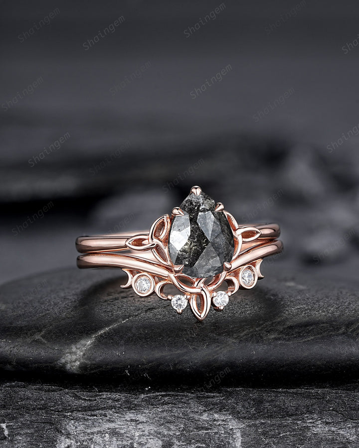 Celtic Knot Salt and Pepper Diamond Engagement Ring, Unique Rose Gold Natural Black Diamond Promise Ring, Platinum Wedding Ring for Women - ShainJewelry