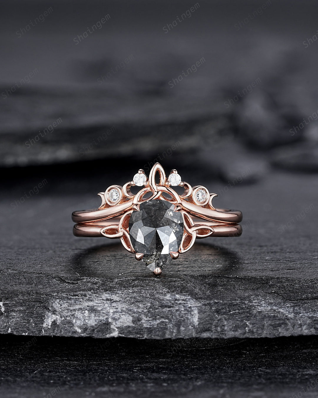 Celtic Knot Salt and Pepper Diamond Engagement Ring, Unique Rose Gold Natural Black Diamond Promise Ring, Platinum Wedding Ring for Women - ShainJewelry