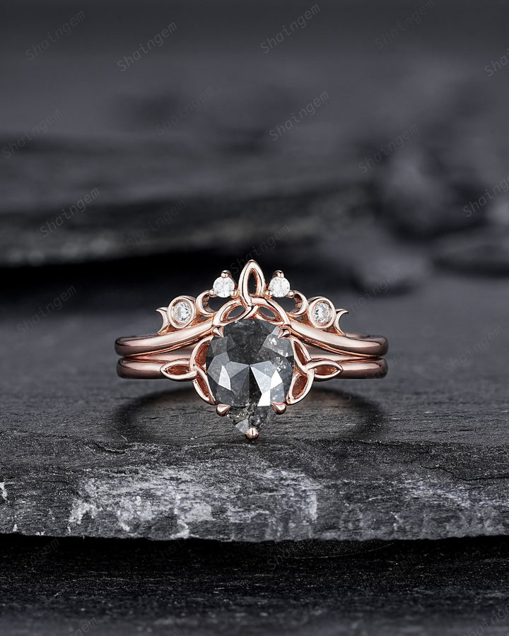 Celtic Knot Salt and Pepper Diamond Engagement Ring, Unique Rose Gold Natural Black Diamond Promise Ring, Platinum Wedding Ring for Women - ShainJewelry