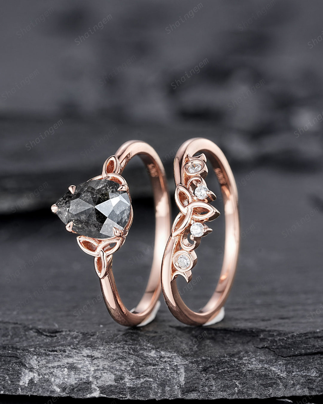 Celtic Knot Salt and Pepper Diamond Engagement Ring, Unique Rose Gold Natural Black Diamond Promise Ring, Platinum Wedding Ring for Women - ShainJewelry