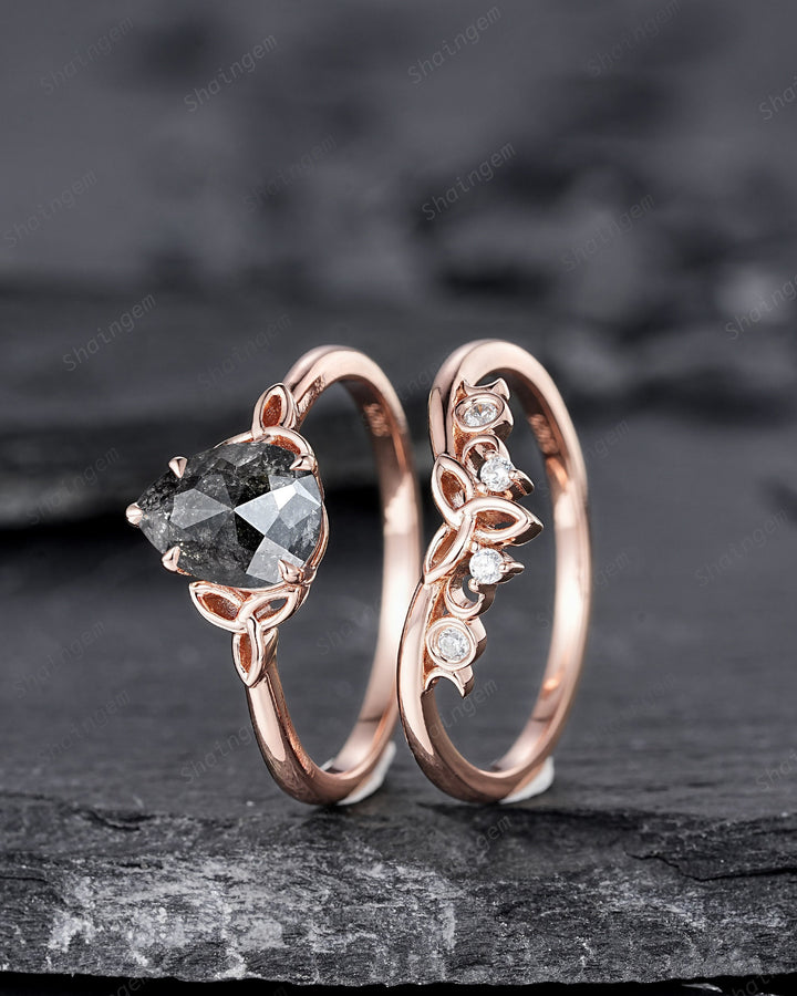 Celtic Knot Salt and Pepper Diamond Engagement Ring, Unique Rose Gold Natural Black Diamond Promise Ring, Platinum Wedding Ring for Women - ShainJewelry