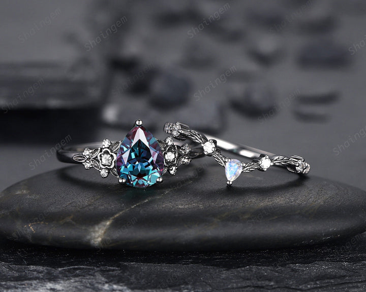 Black Gold Pear Shape Alexandrite and Moonstone Engagement Ring, Gothic Black Floral Promise Ring, Rhodium Black Witchy Ring June Birthstone - ShainJewelry