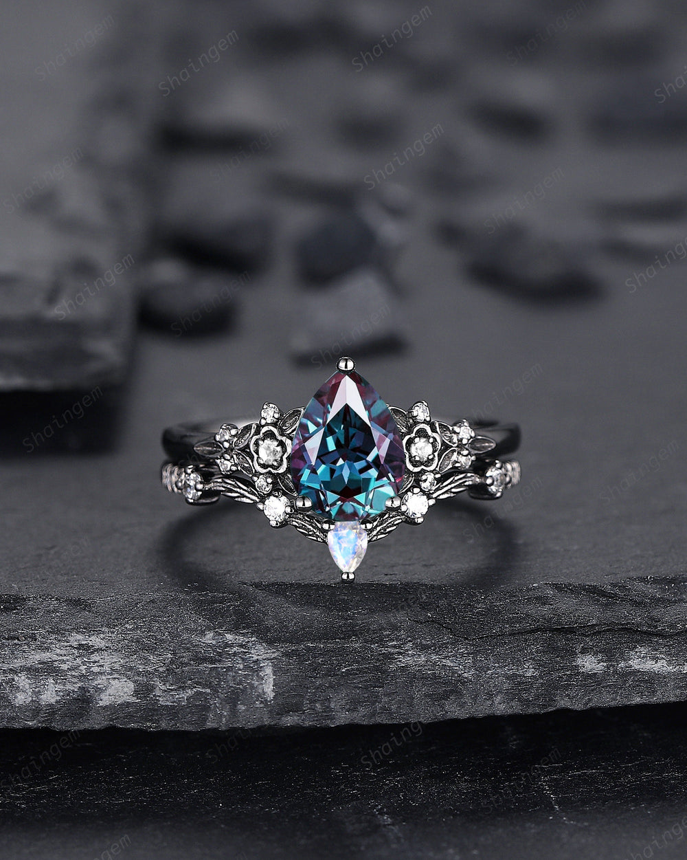 Black Gold Pear Shape Alexandrite and Moonstone Engagement Ring, Gothic Black Floral Promise Ring, Rhodium Black Witchy Ring June Birthstone - ShainJewelry