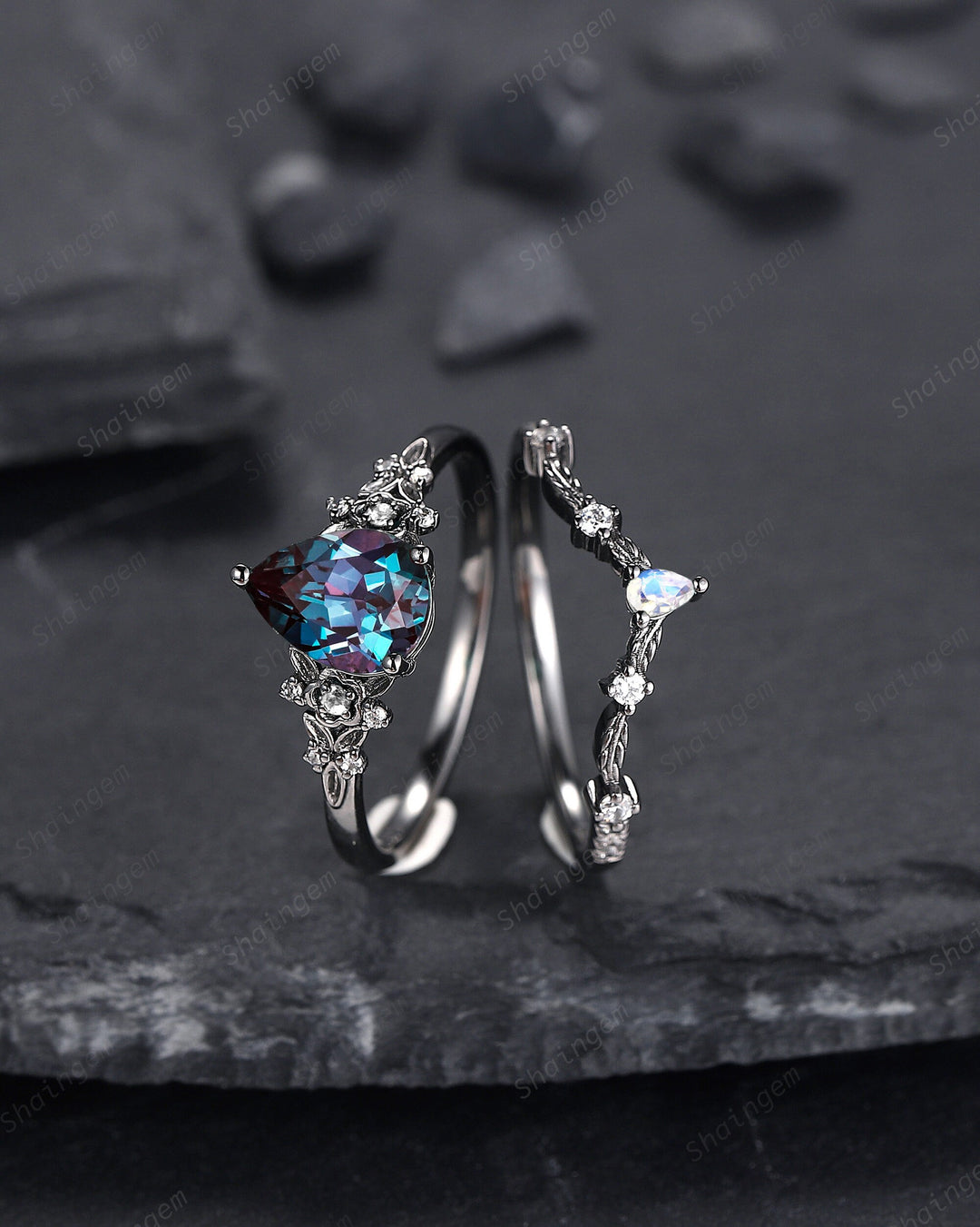 Black Gold Pear Shape Alexandrite and Moonstone Engagement Ring, Gothic Black Floral Promise Ring, Rhodium Black Witchy Ring June Birthstone - ShainJewelry