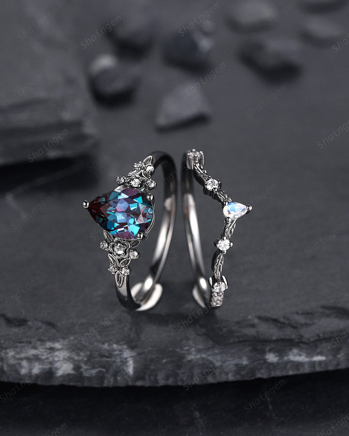 Black Gold Pear Shape Alexandrite and Moonstone Engagement Ring, Gothic Black Floral Promise Ring, Rhodium Black Witchy Ring June Birthstone - ShainJewelry