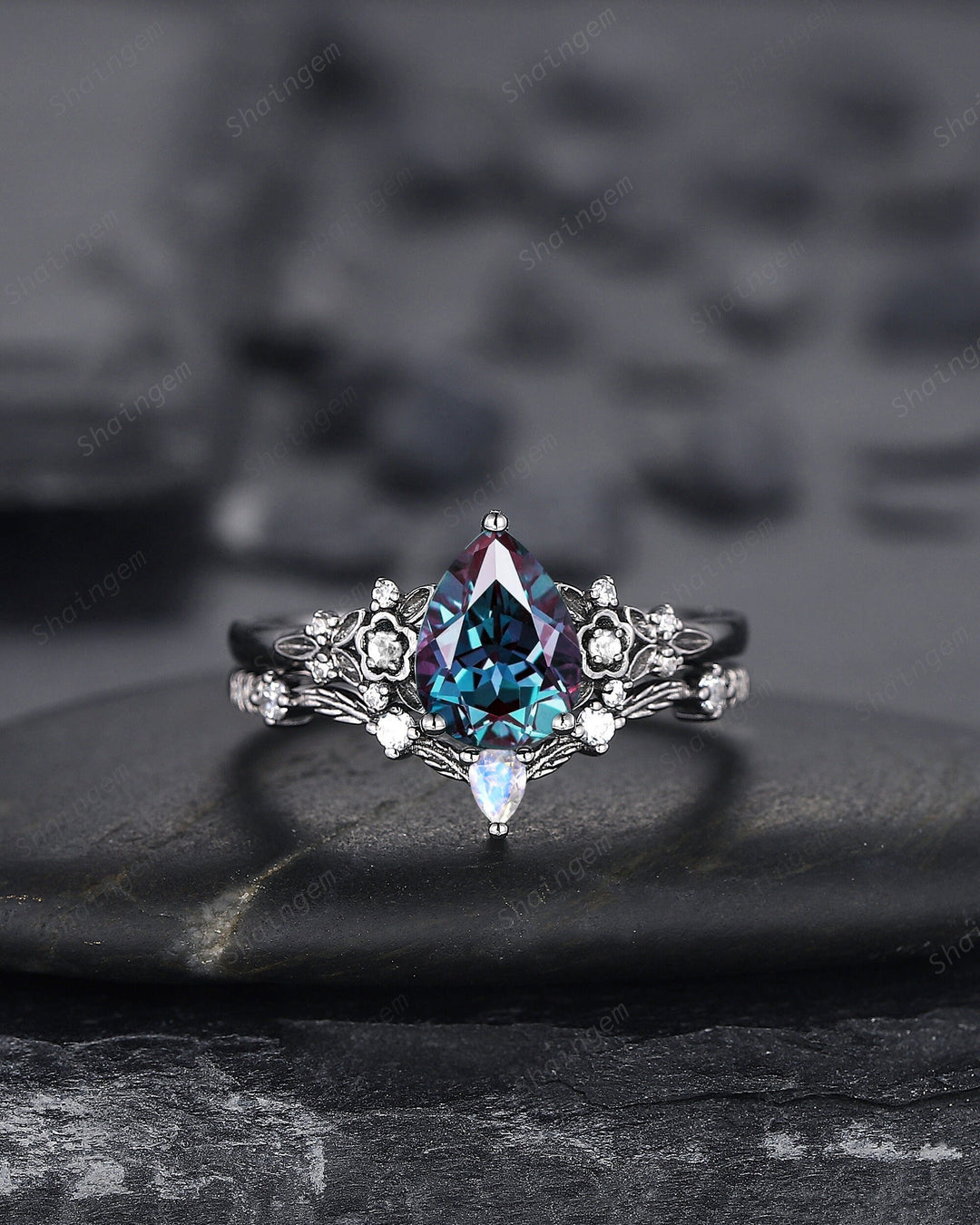 Black Gold Pear Shape Alexandrite and Moonstone Engagement Ring, Gothic Black Floral Promise Ring, Rhodium Black Witchy Ring June Birthstone - ShainJewelry