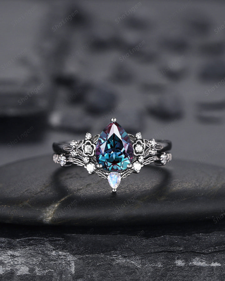 Black Gold Pear Shape Alexandrite and Moonstone Engagement Ring, Gothic Black Floral Promise Ring, Rhodium Black Witchy Ring June Birthstone - ShainJewelry
