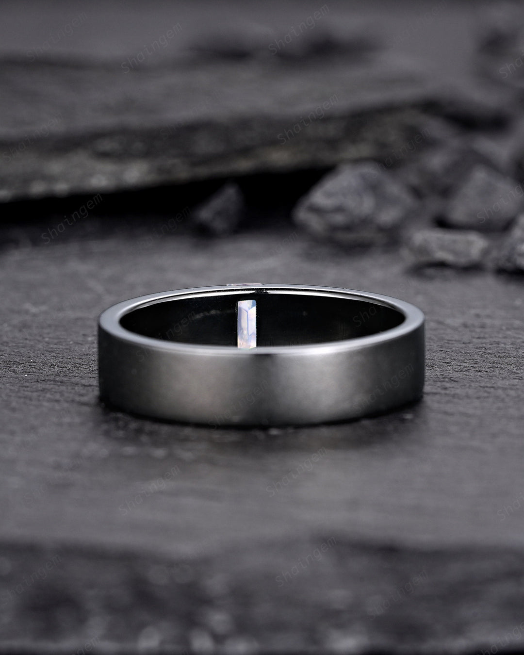 Black Gold Baguette Moonstone Men's Engagement Band, Men's Wedding Band, Gothic Solitaire Promise Ring, Black Rhodium Anniversary Ring Gift - ShainJewelry