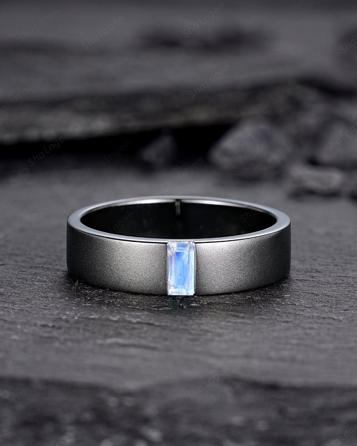 Black Gold Baguette Moonstone Men's Engagement Band, Men's Wedding Band, Gothic Solitaire Promise Ring, Black Rhodium Anniversary Ring Gift - ShainJewelry