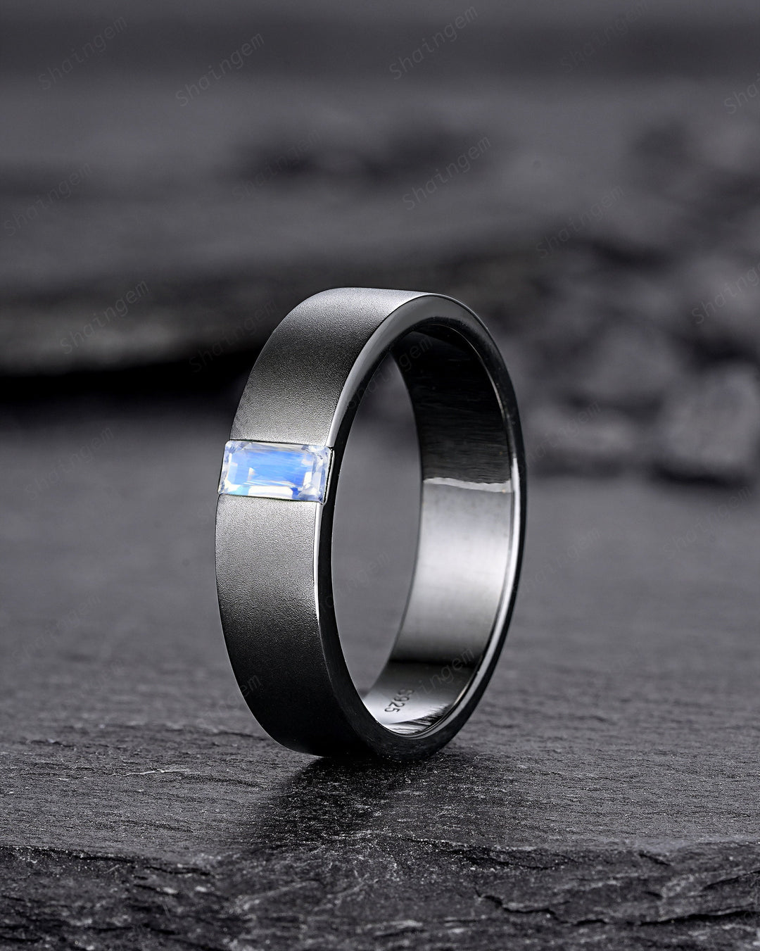 Black Gold Baguette Moonstone Men's Engagement Band, Men's Wedding Band, Gothic Solitaire Promise Ring, Black Rhodium Anniversary Ring Gift - ShainJewelry