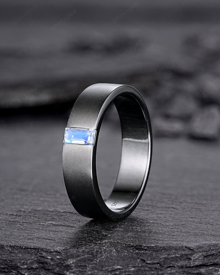 Black Gold Baguette Moonstone Men's Engagement Band, Men's Wedding Band, Gothic Solitaire Promise Ring, Black Rhodium Anniversary Ring Gift - ShainJewelry