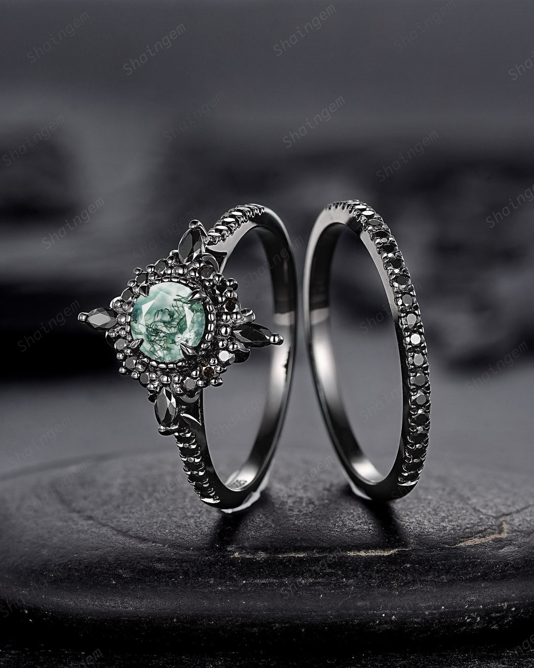 Gothic Black Gold Moss Agate Halo Engagement Ring, Punk PeekaBoo Setting Promise Ring, Black Rhodium Wedding Ring Bridal Set Gift for Women - ShainJewelry