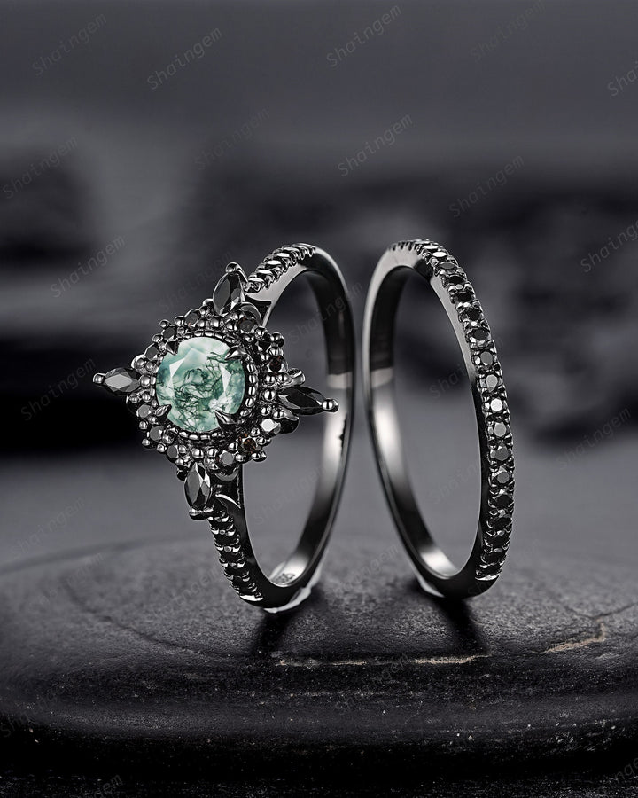 Gothic Black Gold Moss Agate Halo Engagement Ring, Punk PeekaBoo Setting Promise Ring, Black Rhodium Wedding Ring Bridal Set Gift for Women - ShainJewelry