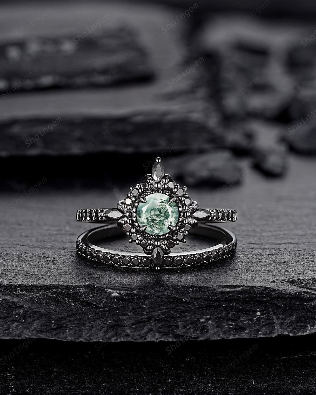 Gothic Black Gold Moss Agate Halo Engagement Ring, Punk PeekaBoo Setting Promise Ring, Black Rhodium Wedding Ring Bridal Set Gift for Women - ShainJewelry