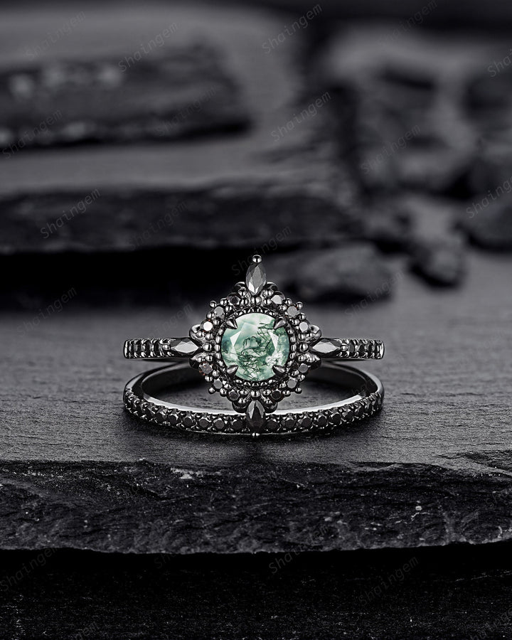 Gothic Black Gold Moss Agate Halo Engagement Ring, Punk PeekaBoo Setting Promise Ring, Black Rhodium Wedding Ring Bridal Set Gift for Women - ShainJewelry