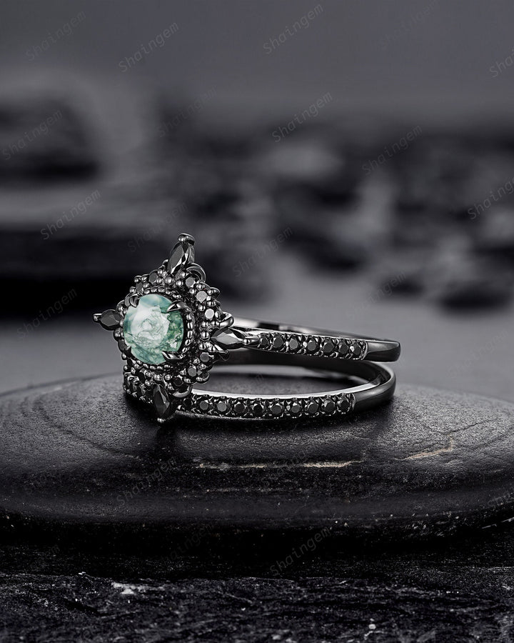 Gothic Black Gold Moss Agate Halo Engagement Ring, Punk PeekaBoo Setting Promise Ring, Black Rhodium Wedding Ring Bridal Set Gift for Women - ShainJewelry