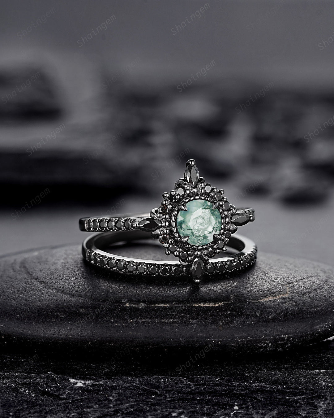 Gothic Black Gold Moss Agate Halo Engagement Ring, Punk PeekaBoo Setting Promise Ring, Black Rhodium Wedding Ring Bridal Set Gift for Women - ShainJewelry