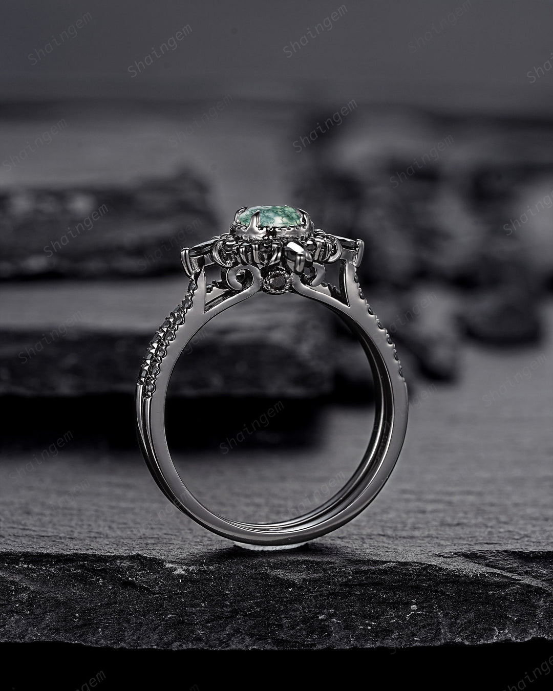 Gothic Black Gold Moss Agate Halo Engagement Ring, Punk PeekaBoo Setting Promise Ring, Black Rhodium Wedding Ring Bridal Set Gift for Women - ShainJewelry