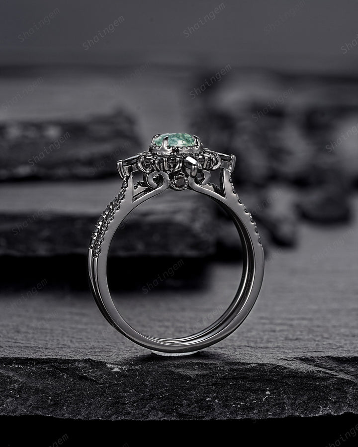 Gothic Black Gold Moss Agate Halo Engagement Ring, Punk PeekaBoo Setting Promise Ring, Black Rhodium Wedding Ring Bridal Set Gift for Women - ShainJewelry