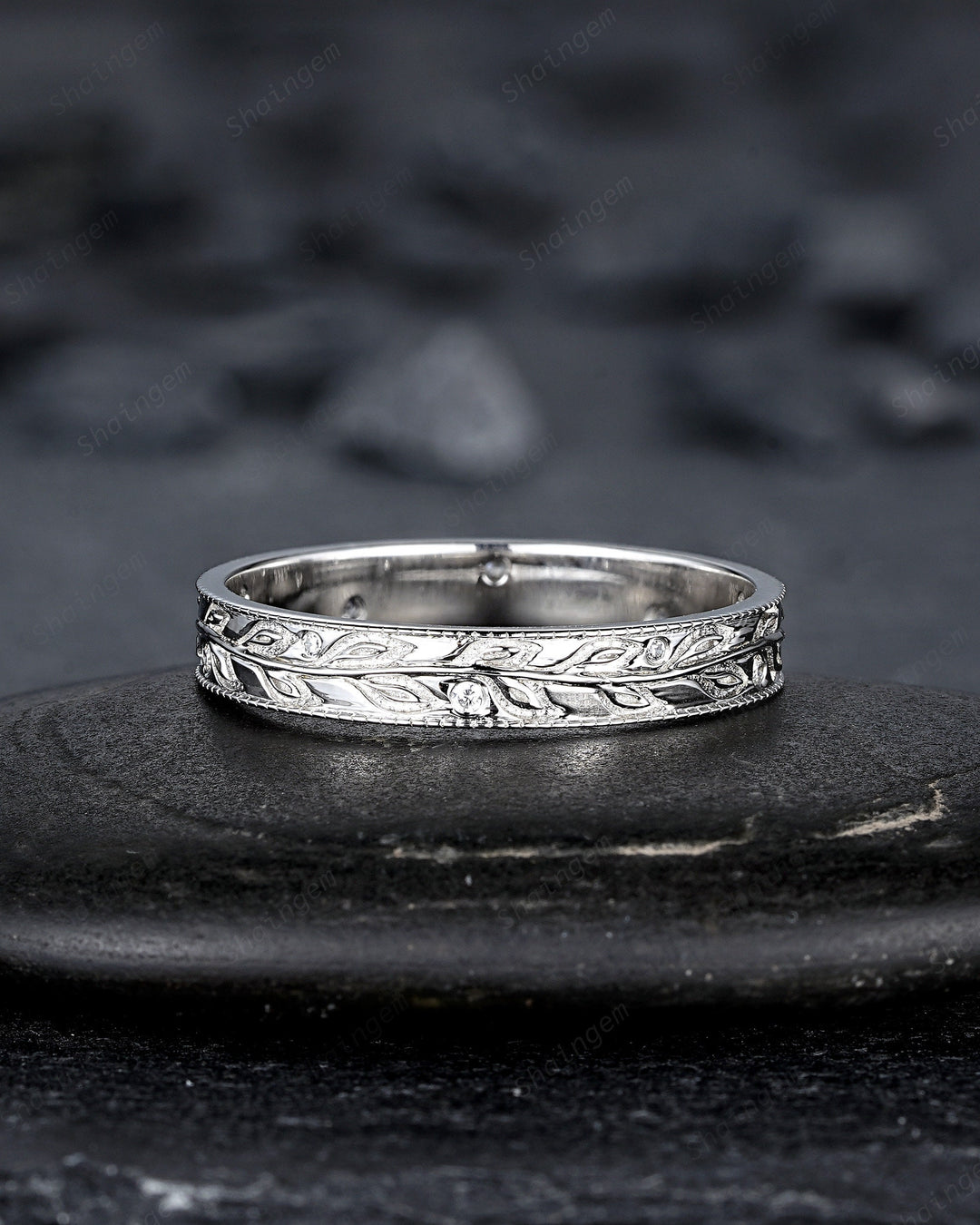 Full Eternity Leaf His and Hers Couple Ring Set, White Gold Wedding Band, Platinum Engagement Band Promise Ring , Silver Men's Women's Band - ShainJewelry