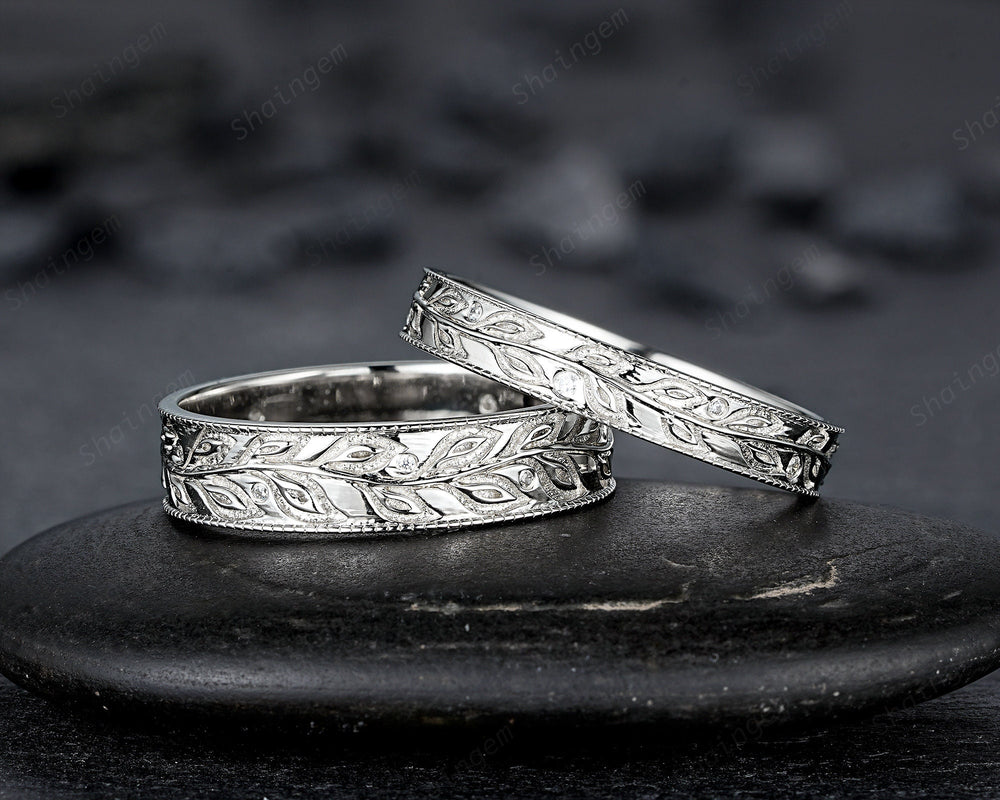 Full Eternity Leaf His and Hers Couple Ring Set, White Gold Wedding Band, Platinum Engagement Band Promise Ring , Silver Men's Women's Band - ShainJewelry