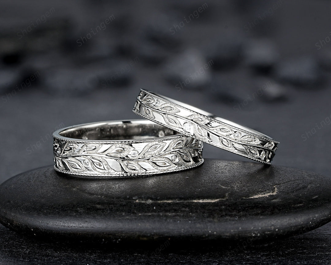 Full Eternity Leaf His and Hers Couple Ring Set, White Gold Wedding Band, Platinum Engagement Band Promise Ring , Silver Men's Women's Band - ShainJewelry