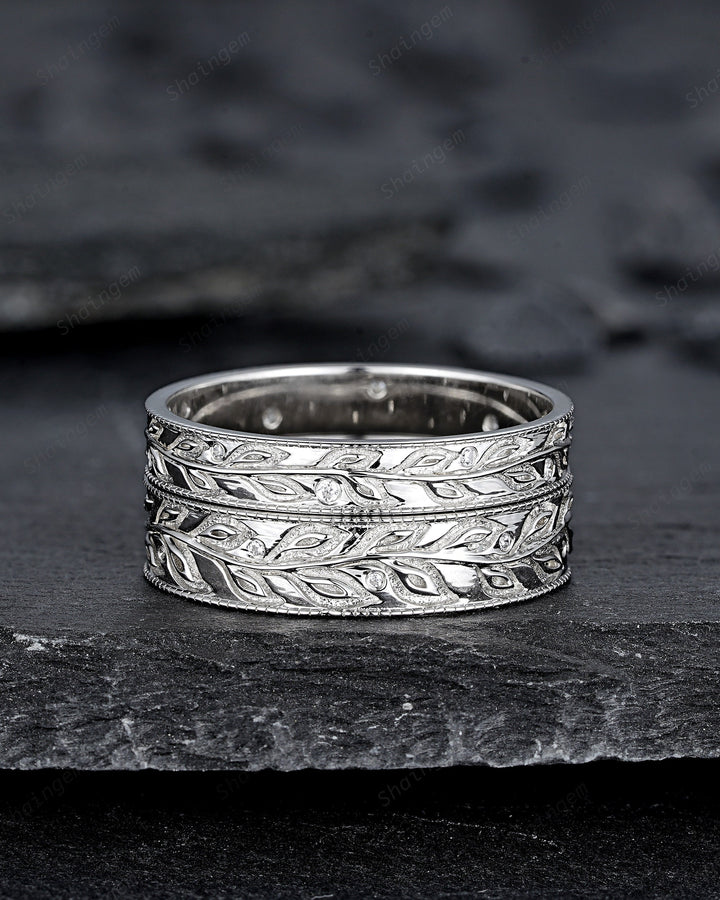 Full Eternity Leaf His and Hers Couple Ring Set, White Gold Wedding Band, Platinum Engagement Band Promise Ring , Silver Men's Women's Band - ShainJewelry